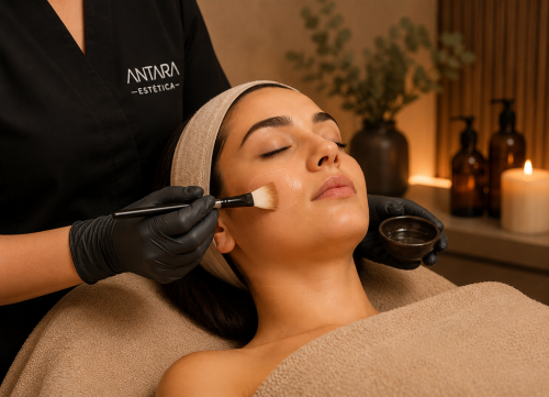 **Alt Text:** Peeling químico facial profesional en ANTARA ESTÉTICA, San Pedro, Costa Rica. Tratamiento para mejorar la textura, luminosidad y apariencia de la piel.